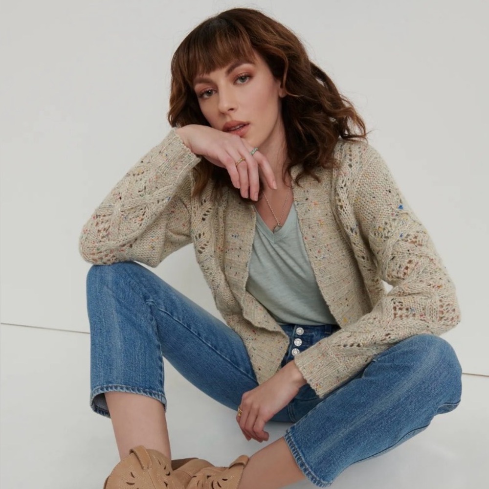 Lucky Brand Natural with Multi Colors Open Front Cardigan Sweater Size XS